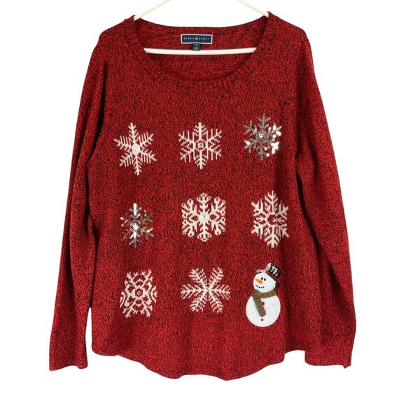 Karen Scott Red Christmas Sweater Size 1X Snowflakes Snowman Sequin Pullover - Picture 1 of 5